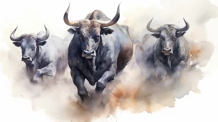  watercolor drawing of a group of bulls running on a white background. Generative AI © kichigin19