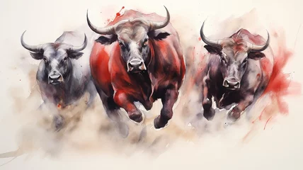 Afwasbaar fotobehang watercolor drawing of a group of bulls running on a white background. Generative AI © kichigin19