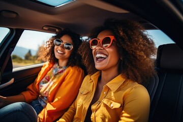 Smiling American African woman and friend driving car on the way to travel on summer. generative ai © itchaznong