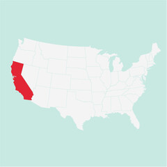 Vector map of the state of California highlighted highlighted in red on a white map of United States of America.