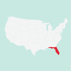 Vector map of the state of Florida highlighted highlighted in red on a white map of United States of America.