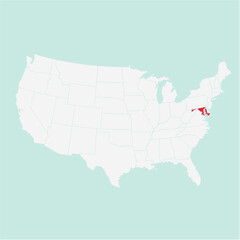Fototapeta premium Vector map of the state of Maryland highlighted highlighted in red on a white map of United States of America.
