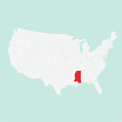 Vector map of the state of Mississippi highlighted highlighted in red on a white map of United States of America.