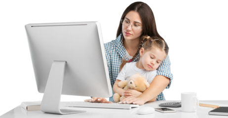 Concept of work from home. Mom and child are sitting at the desk.