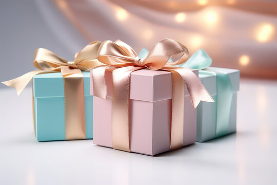 Small gift boxes with colored metallized silk ribbon bows. Delicate light pastel colors. Gift Coupon. Generative AI 3d illustration imitation.