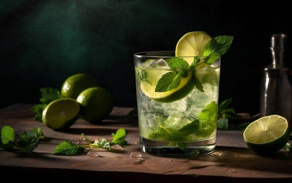 A refreshing glass of mojito with fresh limes and mint leaves. Generative AI
