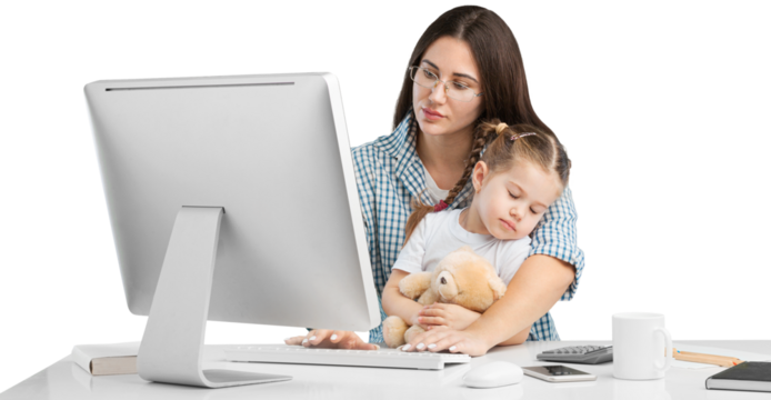 Concept of work from home. Mom and child are sitting at the desk.