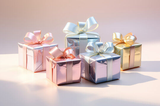 Small cute gift boxes with colored metallized ribbon bows. Delicate light pastel colors. Gift Coupon template. Generative AI 3d illustration imitation.