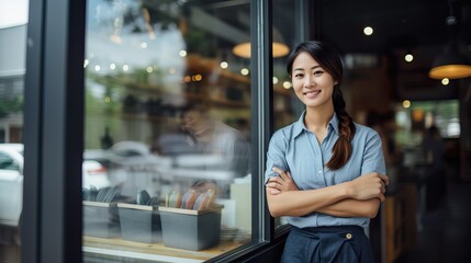 Successful Female Small Business Owner at Modern Fast Food Storefront. Generative AI