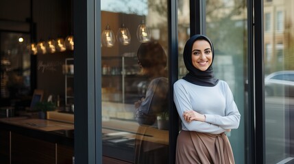 Successful Female Small Business Owner at Modern Fast Food Storefront. Generative AI