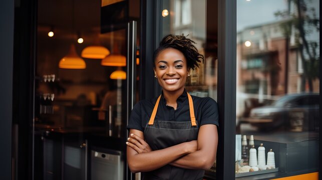 Successful Female Small Business Owner At Modern Fast Food Storefront. Generative AI