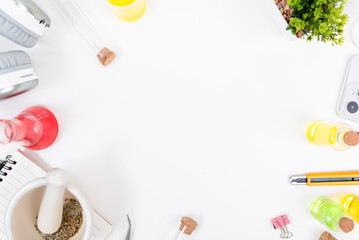 Top view science lab chemistry flask with beakers, flasks, and test tubes filled with colorful liquids