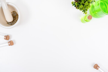 Top view science lab chemistry flask with beakers, flasks, and test tubes filled with colorful liquids
