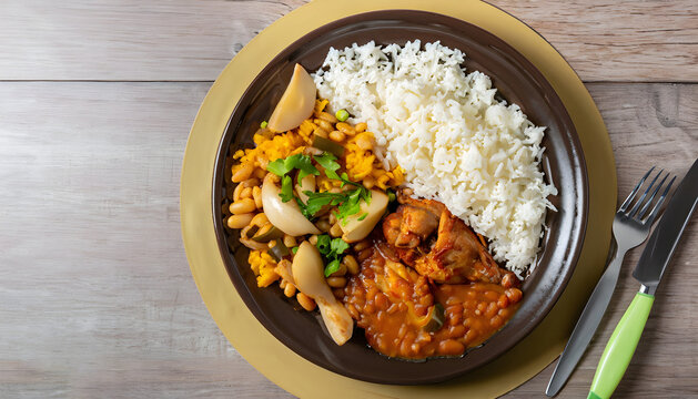View from above of a Brazilian dish with rice beans and chicken
