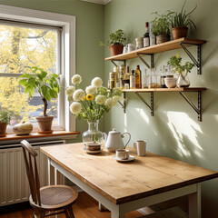 A table with a vase of flowers on top of it. Generative AI. A bright cozy kitchen with sage green walls.