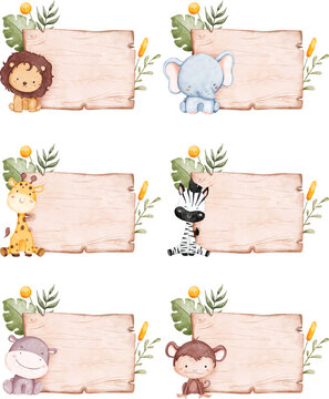 Watercolor illustration set of wooden board with safari animals