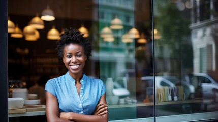 A confident female small business owner in front of a stylish coffee shop