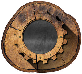 Wooden cogwheel (gear) and Blank Blackboard with copy space on a cross section of a tree trunk. Isolated on white or transparent background. Lumber industry concept, background, template. Png.