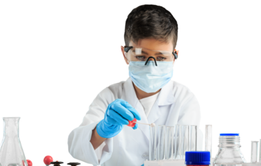 Little child chemistry with water for easy science experimental online class, new normal and distance learning, e-learning for kid in covid-19 pandemic.