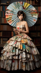 A woman in a dress with a paper umbrella. Generative AI. Upcycled party dress made from used textile, paper umbrella made from old books.