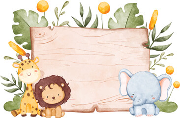 Watercolor illustration wooden board with safari animals © Stella