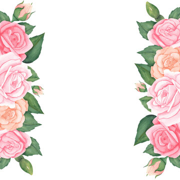 watercolor border of beautiful pink peach pastel roses with leaves. Hand drawn with a space for your text or photo.illustration for greeting cards or wedding invitations on isolated background.