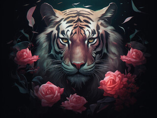 Tiger and roses. Digital art. Generative AI.