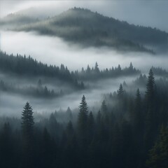 mountain peaks covered with dense coniferous forests, covered with a light fog