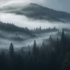 Foto op Plexiglas Mistig bos mountain peaks covered with dense coniferous forests, covered with a light fog