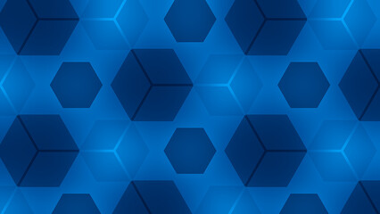 Pattern with cubes and hexagon shapes. 3d box repeated elements. Blue shades geometric background for website cover poster presentation. Backdrop in ice blue color palette. Translucent glass texture