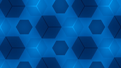 Obraz premium Pattern with cubes and hexagon shapes. 3d box repeated elements. Blue shades geometric background for website cover poster presentation. Backdrop in ice blue color palette. Translucent glass texture