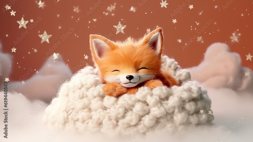 Wall mural a baby fox cub sleeps on a cloud among the stars. Generative AI