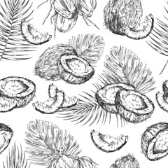 Seamless repeatable pattern with coconuts engraving vector illustration.