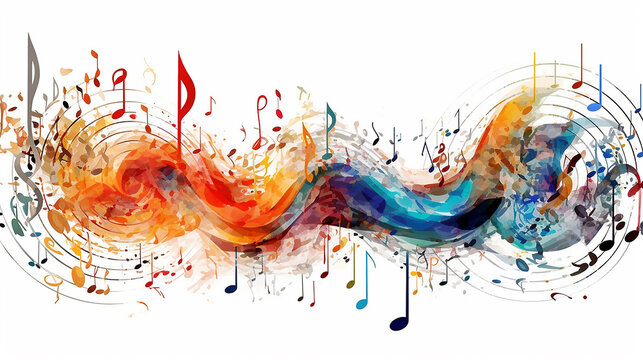 audio idea. musical background, multicolored notes on a musical stand on a white background a whirlwind of color and sound Generative AI