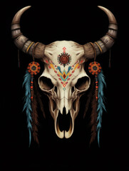 Bull skull with feathers native Americans tribal style. Digital art. Generative AI.