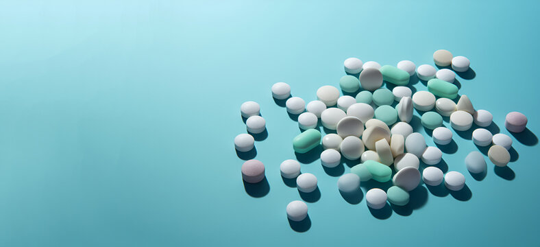 Various white pills on blue background