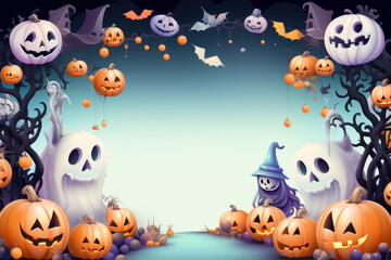 3D Halloween banner or party invitation background Full moon in orange sky, spiders web and witch cauldron.