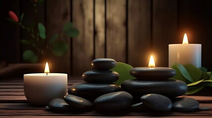 Obraz na płótnie Canvas Candles and black hot stone on wooden background. Hot stone massage setting lit