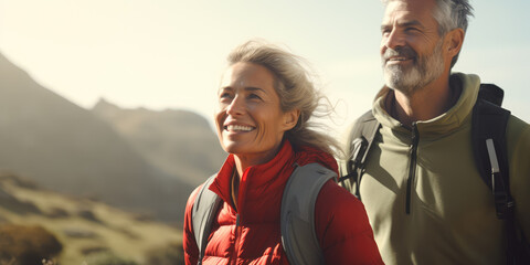 trekking senior couple mature elderly male and female with backpacks hiking mountain trail concept of active traveling lifestyle expedition backpacking and camping. generative ai