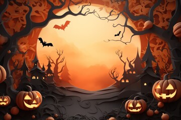 Flat illustration Halloween banner or party invitation background Full moon in orange sky, spiders web and witch cauldron. Place for text.