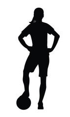 Black silhouette of a girl women's football player stands with her foot on the ball on white background