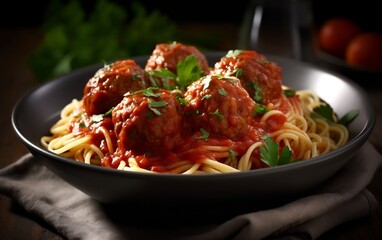 A plate of spaghetti with meatballs and tomato sauce. Generative AI - obrazy, fototapety, plakaty