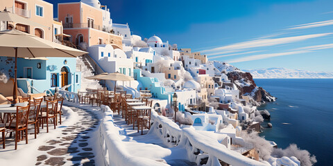 A group of tables and umbrellas on a cliff overlooking the ocean. Generative AI. Imaginary greek village in Santorini island in winter under snow.