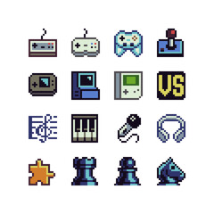 8 bit desk computer games sport toys icons. Design for logo game, sticker, web, mobile app, badges and patches. Isolated pixel art vector illustration. Game assets. © thepolovinkin