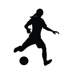 Vector isolated silhouette of a girl football player running and dribbling at the championship or training