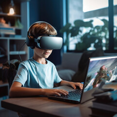 boy using vr headset and using laptop at table in home office