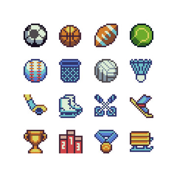 Sport icons set pixel art style, emoji. Achievement logo. 8-bit sprite. Design for logo game, sticker, web, mobile app, badges and patches. Isolated vector illustration. Game assets.