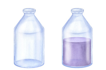Naklejka premium Glass bottle empty and full lilac lavender oil. Cosmetic, aromatherapy. Hand draw watercolor illustration isolated on white background. For beauty industry, spa, cosmetology