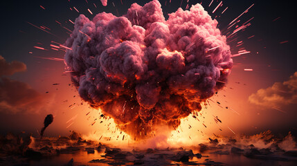 atomic explosion in the shape of a heart, created with Generative AI - obrazy, fototapety, plakaty