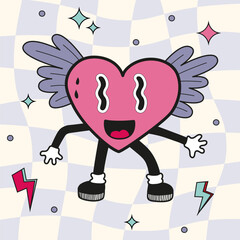 Groovy sticker with heart mascot. Cartoon lovely character with wings. Fun happy Valentines day vector illustration. Retro 60s 70s style